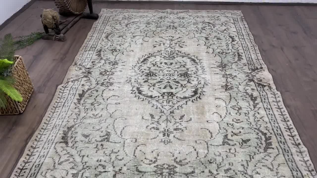 トルコ ヴィンテージラグ 950 レア 大判 グレージュ アプリコット ブルー トルコ ヴィンテージラグ 950 レア 大判 グレージュ アプリコット